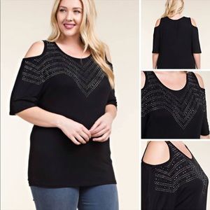 Vocal Apparel Off Shoulder Rhinestone Black Top